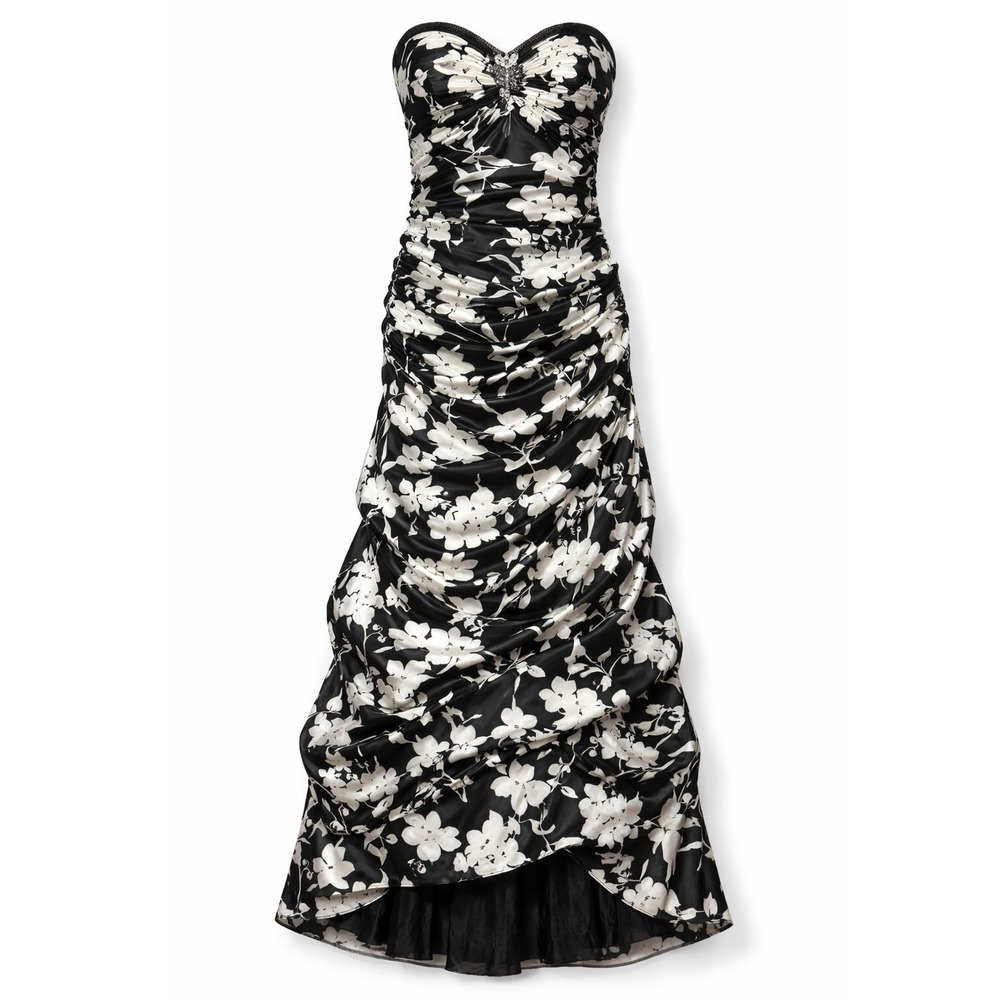 Y2K Morgan and Co Strapless Ruched‎ Floral Mini Dress Womens 2 Satin Rhinestone